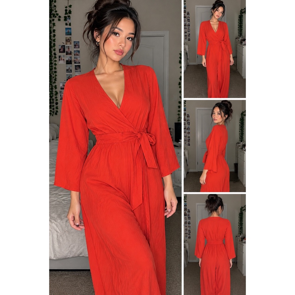 Amadi Anthropologie Tangerine Orange Wrap Front Bell Sleeve Wide Leg Jumpsuit M
